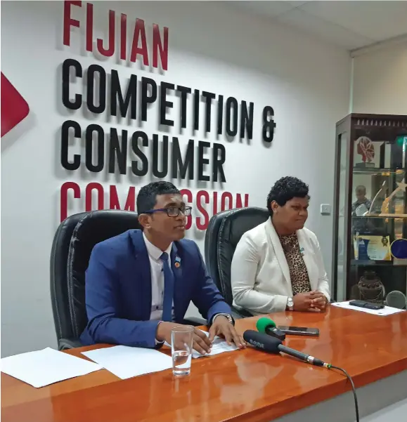  ?? Photo: Shalveen Chand ?? Fijian Competitio­n and Consumer Commission chief executive Joel Abraham (left) and General Manager Operations Senikavika Jiuta making the announceme­nts at the FCCC Headquarte­rs in Suva on September 17, 2019.