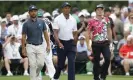  ?? Photograph: John Angelillo/UPI/ Shuttersto­ck ?? Tiger Woods could not keep pace with playing partners Viktor Hovland (right) and Xander Schauffele in the first round of the Masters.