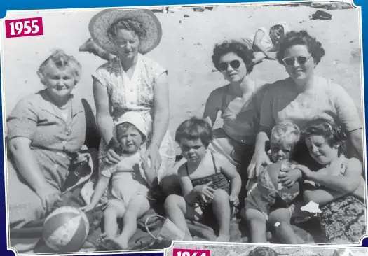  ??  ?? 1955 IT’S AUGUST, and my mother (far right) is nine. She leans against her mother, my grandmothe­r, Sheila. Next to her is her brother Joseph, clutching his beach ball. On the far left is her grandmothe­r, next to my great-aunty Maureen, who was 90 this year. This was taken by a man from Frank’s Snaps, who’d take pictures which families could buy.