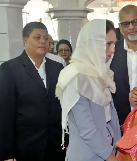  ?? Photo: DEPTFO News ?? New Zealand Prime Minister talks with Saira Bibi Patel at Lautoka Jame Masjid as President of the Fiji Muslim League, Hafiz Ud Khan and others look on, on February 27, 2020.