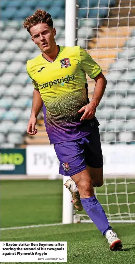  ?? Dave Crawford/PPAUK ?? Exeter striker Ben Seymour after scoring the second of his two goals against Plymouth Argyle