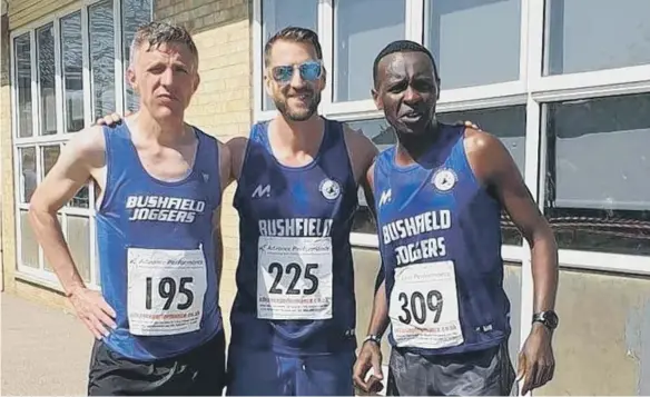  ?? ?? Bushfield Joggers Brian Corleys, Scott Meadows and Martin Gichuhi won the men’s team prize at the Eye 10k