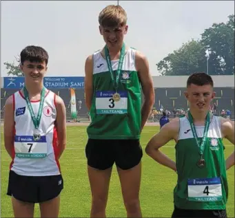  ??  ?? Tadhg Donnelly (4) who had a a terrific run to win the bronze medal in the 3000m at the Tailteann games in Santry Stadium.