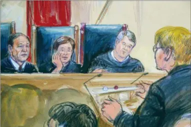  ?? DANA VERKOUTERE­N VIA AP ?? This courtroom sketch depicts Attorney Brenda G. Bryn, far right, speaking in front of from l-r, Associate Justice Samuel Alito Jr., Associate Justice Elena Kagan and Associate Justice Brett Kavanaugh, at the Supreme Court in Washington, Tuesday.