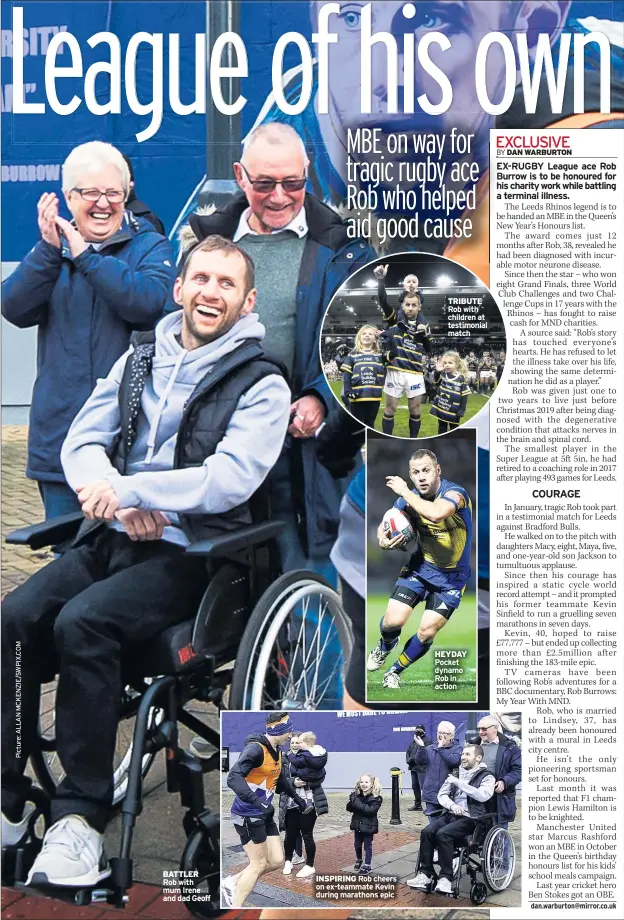  ??  ?? BATTLER Rob with mum Irene and dad Geoff
INSPIRING Rob cheers on ex-teammate Kevin during marathons epic
TRIBUTE Rob with children at testimonia­l match
HEYDAY Pocket dynamo Rob in action