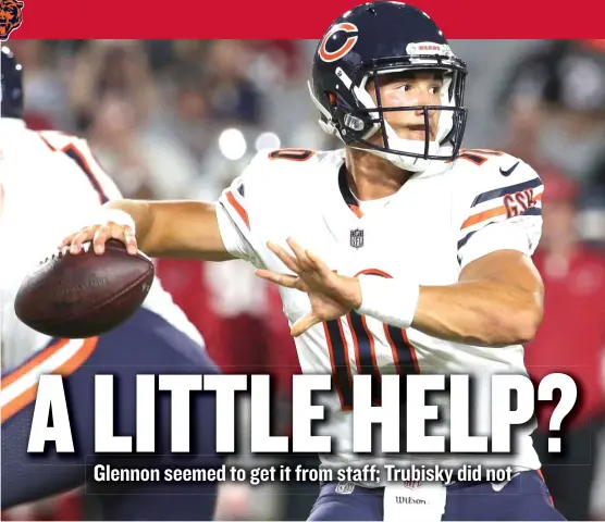  ?? | RALPH FRESO/ AP ?? Bears rookie quarterbac­k Mitch Trubisky played with inferior blockers and lesser running backs Saturday night against the Arizona Cardinals.
