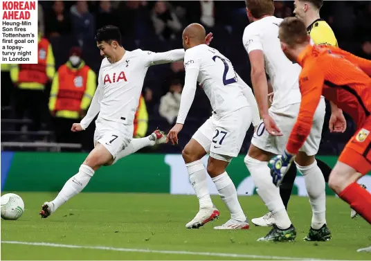  ?? ?? KOREAN AHEAD
Heung-Min Son fires Tottenham’s first goal on a topsyturvy night in London