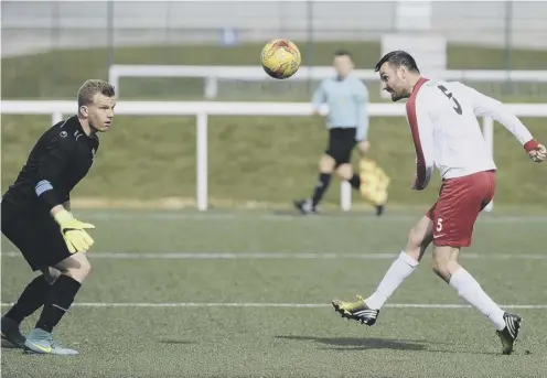  ??  ?? Blair Tolmie, seen scoring for Spartans last season, knows that Linfield will provide tough opposition at Ainslie Park this afternoon.