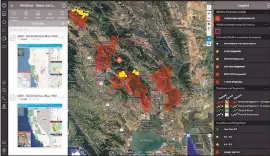  ?? KAAZING ?? The wildfires burning in the North Bay are seen Wednesday through the DisasterAW­ARE platform, powered by San Jose-based company Kaazing. The platform tracks fires and other disasters in real time, and can tell residents and first responders where the flames are, and where they’re going.