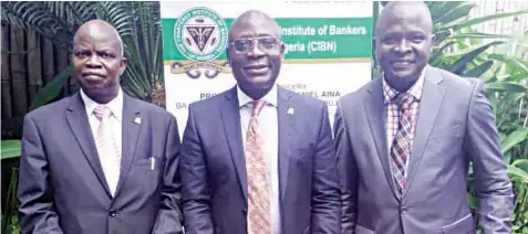  ??  ?? Dean, College of Post Graduate Studies, Caleb University, Prof Segun Ajibola (left); President, Chartered Institute of Bankers of Nigeria (CIBN), Dr Uche Olowu; and Vice Chancellor, Prof Ayandiji Aina at the luncheon in honour of CIBN president.