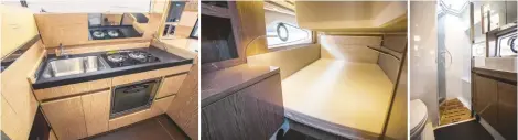  ??  ?? A B O V E L E F T The galley top lifts to reveal a twin hob and sink M I D D L E Our test boat had the optional double cabin to starboard R I G H T Both bathrooms are a good size, the ensuite in particular