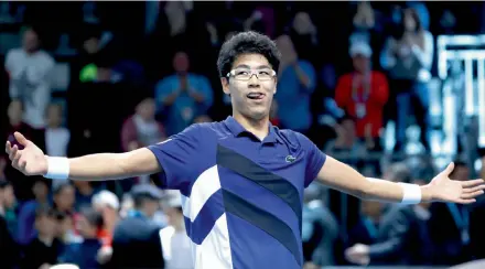  ??  ?? South Korea’s Hyeon Chung celebrates after winning the ATP Next Gen tennis finals in Milan on Saturday.