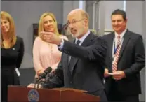  ?? GENE WALSH — DIGITAL FIRST MEDIA ?? In this file photo, Gov. Tom Wolf speaks on standardiz­ed PSSA testing reductions during a visit to Colonial Middle School in Plymouth. Wolf is calling on state Sen. Daylin Leach, D-17, of King of Prussia, to resign in light of allegation­s that Leach...