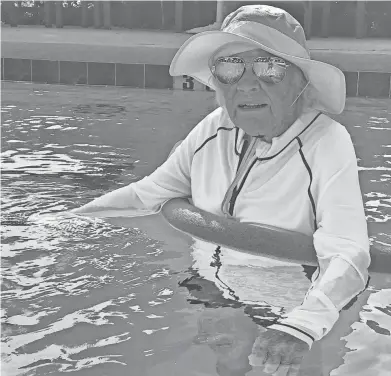  ?? PHOTO BY WENDEE ROGERS ?? Bobbie West, 107, back at the pool at Vicar’s Landing retirement center after a few days in the hospital. On her most recent birthday, the aquatic center was renamed in her honor.