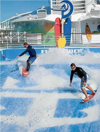  ??  ?? FlowRider, the surfing simulator on Voyager of the Seas, is just one of the many gimmicks and activities offered by cruise companies to stand out from the crowd.