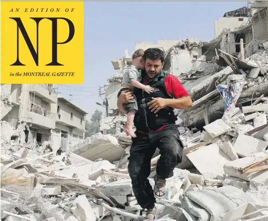  ?? AMEER ALHALBI / AFP / GETTY IMAGES ?? A Syrian man carries a baby from the rubble of a destroyed building following a reported airstrike in the Qatarji neighbourh­ood of Aleppo on Wednesday. U.S. Secretary of State John Kerry called for all warplanes to halt flights over key areas, in order to protect aid routes in northern Syria, but it was unclear if Russia and Syria would agree.