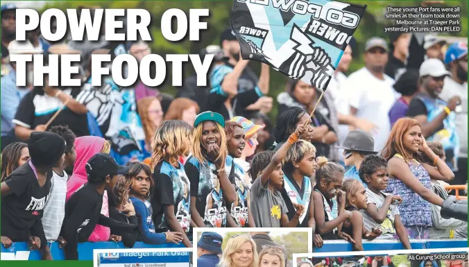  ??  ?? These young Port fans were all smiles as their team took down Melbourne at Traeger Park yesterday Pictures: DAN PELED