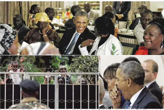  ??  ?? Am Abend seiner Ankunft traf Obama Verwandte (o.), am Samstag standen politische Gespräche auf dem Plan (re.) – Tausende versuchten, einen Blick auf Obama zu erhaschen