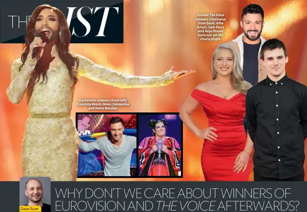  ??  ?? Gavin Scott Eurovision winners (from left) Conchita Wurst, Måns Zelmerlöw and Netta Barzilai. Former The Voice winners (clockwise from back) Alfie Arcuri, Sam Perry and Anja Nissen have not set the charts alight.