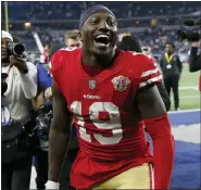  ?? ROGER STEINMAN — THE ASSOCIATED PRESS ?? San Francisco 49ers receiver Deebo Samuel celebrates after the 49ers defeated the Dallas Cowboys in an NFC wild-card playoff game Sunday in Arlington, Texas.