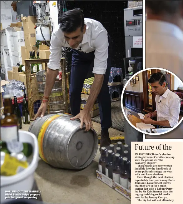  ??  ?? ROLLING OUT THE BARREL: Rishi Sunak helps prepare pub for grand reopening