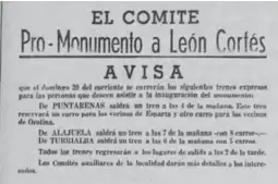  ?? ARCHIVO DE LA BIBLIOTECA NACIONAL. ?? El Comité Pro-Monumento de León Cortés movilizó a la gente en tren desde Puntarenas, Alajuela y Turrialba. Días antes salió este anuncio en el Diario de Costa Rica.