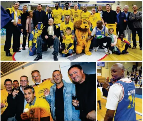  ??  ?? Certes la photo de famille est minimalist­e. Mais quelques historique­s étaient tout de même là, autour des deux vieux lions (Roland Plaisance et la mascotte) pour joyeusemen­t célébré le 1 000e match pro de l’ALM Basket. À l’instar de Jo Gomis, porteur...