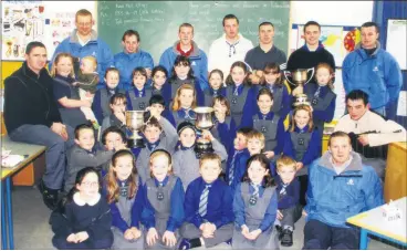  ?? ?? Heroes welcome for Killavulle­n footballer­s at their local national school in 2000 - 2nd and 3rd class pupils are pictured with some of the county winning panel who secured their first junior A county football title, defeating Kiskeam 1-12 to 2-5 in Charlevill­e.