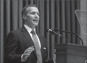  ?? The Associated Press ?? GOVERNOR: Missouri Gov. Eric Greitens delivers the annual State of the State address to a joint session of the House and Senate on Wednesday in Jefferson City, Mo. Greitens appears to be bracing for a fight to preserve his political life after...