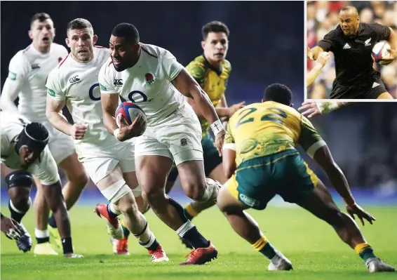  ?? PICTURES: Getty Images ?? Power runners: Joe Cokanasiga can open up space like the great Jonah Lomu, inset