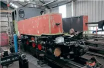  ?? GARETH EVANS ?? The overhaul of Franco-Belge 0-8-0 No. 699.01 Sir Drefaldwyn is ongoing at Llanfair Caereinion, as seen in this October 9 view. The boiler is just visible behind the loco.