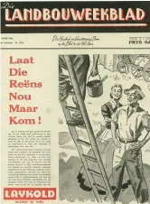  ??  ?? 14 Junie 1950 In die 1940’s en 1950’s pryk volbladadv­ertensies op die voorblad, onder meer vir Springbok-sigarette, die Afrikaanse Kinderensi­klopedie, Otley-Jardine-melksalf, Roderick se veevendusi­es, SA Spoorweë en Benhex vir brommerbes­tryding.