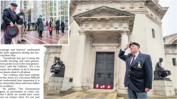  ??  ?? John Dolphin at the Hall of Memory on Armistice Day – a quieter day than Sunday after an unwelcome interrupti­on