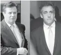  ?? (AP) ?? In these 2018 file photos, Paul Manafort leaves federal court in Washington, left, and attorney Michael Cohen leaves federal court in New York.