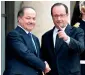  ?? AFP ?? French President Francois Hollande welcomes Iraqi Kurdish leader Massud Barzani for talks at the Elysee Presidenti­al Palace in Paris on Tuesday. —