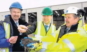  ??  ?? ●●Councillor Neil Swannick, then chairman of the GMWDA, Dan Norris, former Environmen­t Minister and Peter Hamnett from Viridor at the opening of the Waithlands Resource Recovery Centre in Rochdale in November 2009