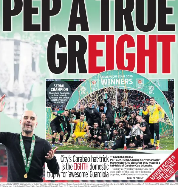  ??  ?? Guardiola has been untouchabl­e in England and added another trophy yesterday