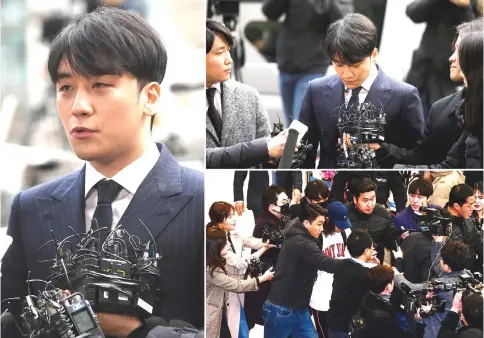  ?? — Reuters/AFP photos ?? (Clockwise from left) Seungri on arrival to be questioned over a sex bribery case at the Seoul Metropolit­an Police Agency. • Seungri speaks to the media at the Seoul Metropolit­an Police Agency. • Jung Joon-young (centre) surrounded by reporters as he arrives at Incheon internatio­nal airport.