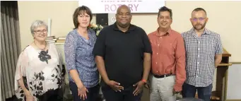  ?? ?? President of the Rotary Club of Polokwane, Susan van der Merwe, guest speaker Dr Helena du Plessis and new members, John Mogodi, Vinesh Devchander and Frikkie Ponelis.