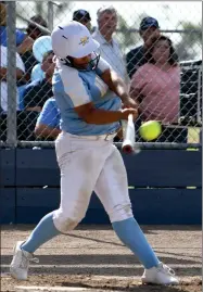  ?? PHOTO FOR THE RECORDER BY DONNIE ZIMMERMAN ?? Aalyha Mendoza picks up a hit during Monache’s six-run fourth inning during Saturday’s game agaisnt Orange Cove at MHS.