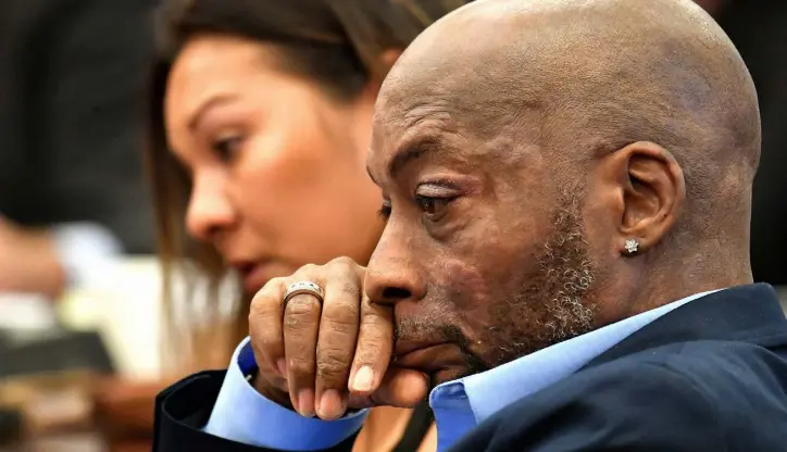  ??  ?? DYING MAN: Plaintiff Dewayne Johnson, right, reacts while attorney Brent Wisner, not seen, speaks about his terminal condition during the Monsanto trial in San Francisco