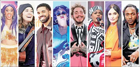  ??  ?? Grammy Award nomination­s in Album of the Year category includes artistes in this combinatio­n photo (left to right): Cardi B, Brandi Carlile, Drake, H.E.R., Post Malone, Janelle Monae, Kacey Musgraves and Lamar. — Reuters file photos