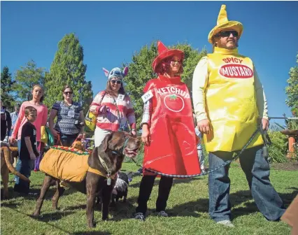  ??  ?? Dressed as a hot dog, Japhy the dog waits with his owners Melissa, center, and Lee Flood, right, for their turn to be judged at the Howl-O-Ween Pooch Parade in Knoxville on Oct. 23, 2016. PHOTOS BY BRIANNA PACIORKA/NEWS SENTINEL