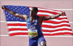  ?? MARTIN MEISSNER — THE ASSOCIATED PRESS FILE ?? In this Sept. 28, 2019, photo, Christian Coleman, of the United States, poses after winning the men’s 100 meter race during the World Athletics Championsh­ips in Doha, Qatar.