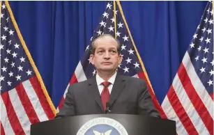  ?? (Leah Millis/Reuters) ?? US LABOR Secretary Alexander Acosta addresses a news conference in Washington on Wednesday.