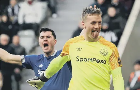  ??  ?? Everton goalkeeper Jordan Pickford reacts to fans St James’s Park.