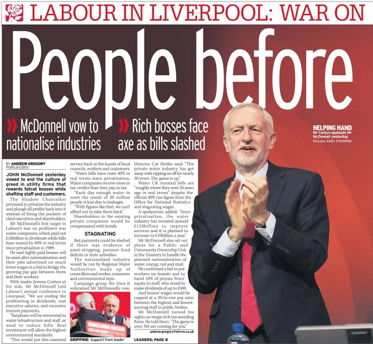  ??  ?? HELPING HAND Mr Corbyn applauds Mr McDonnell yesterday Pictures: ANDY STENNING