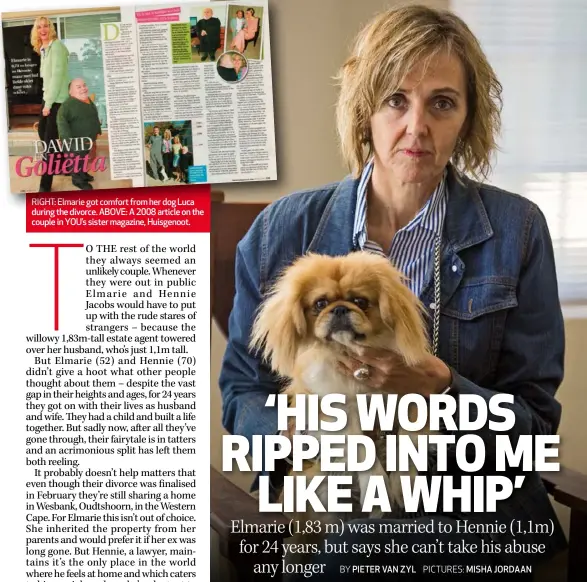  ??  ?? RIGHT: Elmarie got comfort from her dog Luca during the divorce. ABOVE: A 2008 article on the couple in YOU’s sister magazine, Huisgenoot.