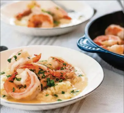  ?? CONTRIBUTE­D PHOTOS BY HENRI HOLLIS ?? Keto Shrimp and Cauliflowe­r Grits doesn’t skimp on taste but does substitute finely ground cauliflowe­r for grits to keep the carbs down.