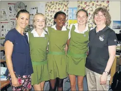  ??  ?? LOVE OF SCIENCE: DSG science teacher Lindsay Davy, from left, pupils Amy Hamilton, Vuyo Motsilili, and Sarah de la Harpe with former Nasa scientist Dr Anne Verbiscer